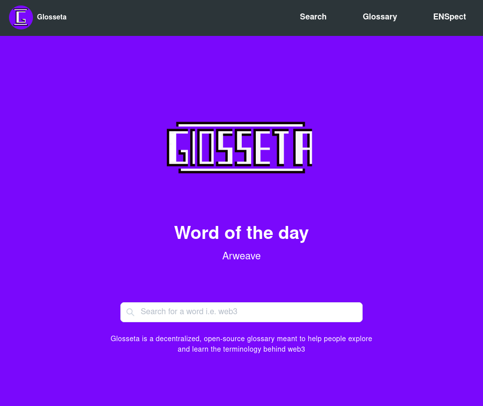 Landing page of Glosseta